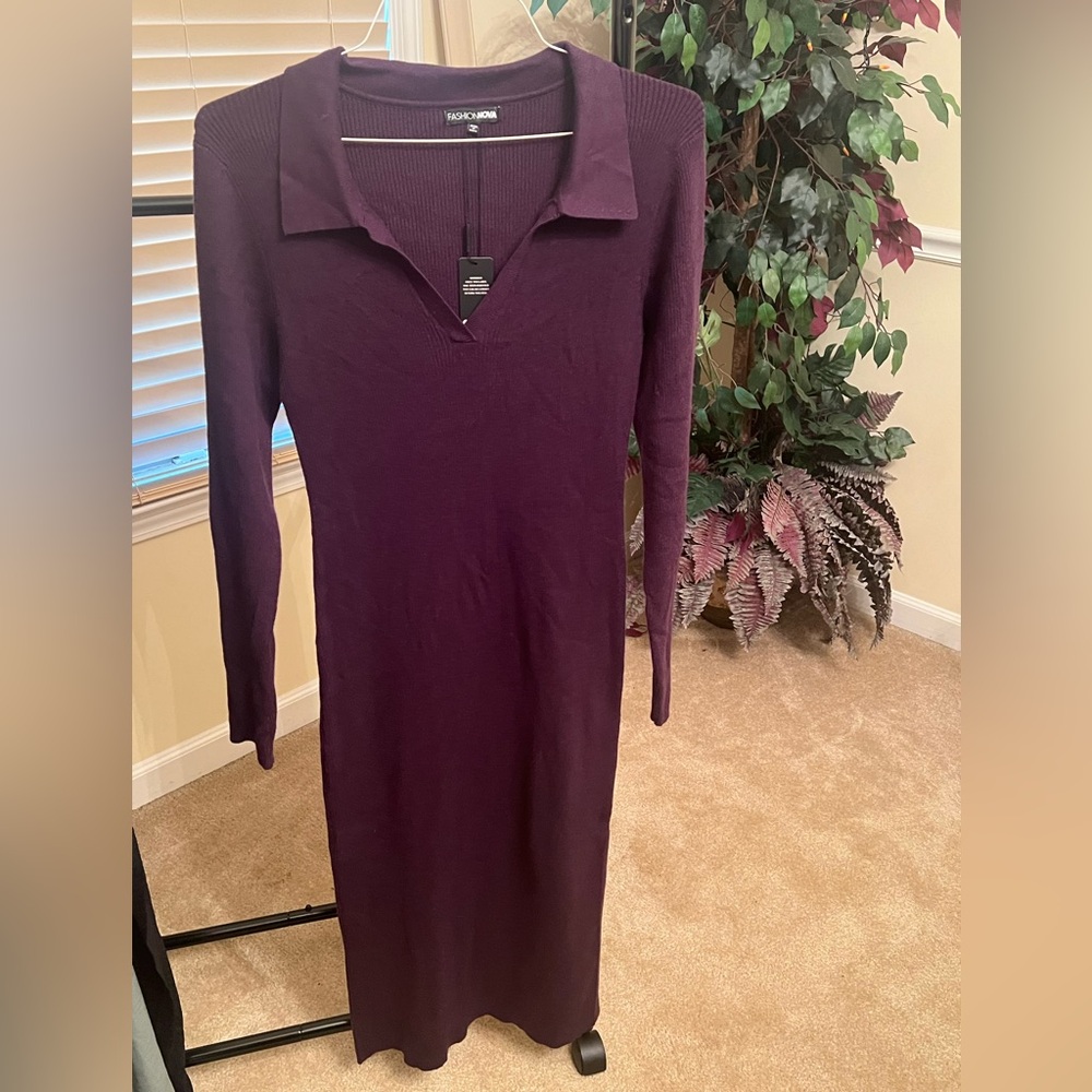 Fashion Nova Long Sleeve Polo Collar Knit Dress in Deep Plum